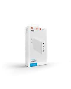 Síťová GaN nabíječka FIXED s 3xUSB-C a USB výstupem, podpora PD 3.0, 120W, bílá