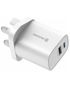 Swissten Síťový Adaptér Edge GaN 1x USB-C PD 20W + 1x USB-A 18W QC, Pro UK Zásuvku Bílý