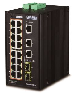 Planet IGS-20160HPT L3 switch, 18x1Gb, 2x2.5Gb SFP, 16x PoE 802.3at 320W, dual 48-56VDC, -40~75°C, IP30