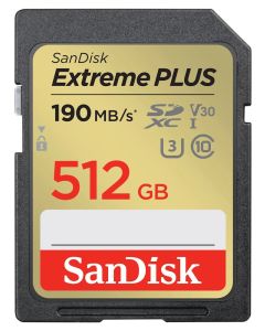 SanDisk Extreme PLUS 512GB SDXC / UHS-I, Class 10, U3, V30 /  up to 190MB/s & 130MB/s Read/Write / + 2 years RescuePRO
