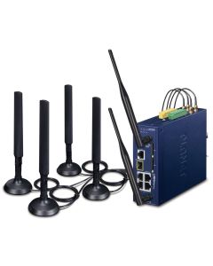 Planet dual 5G/LTE bezpečnostní brána, 2xWAN + 3xLAN/1xSFP, DI/DO, GPS, WiFi, DIN, IP30, -45/+75°C, dual 9-54VDC