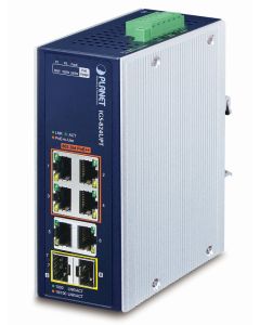 Planet Průmyslový PoE switch, 6x1Gb + 2x1Gb SFP, 4x PoE 802.3bt 90/240W, -40až75°C, dual 48-54VDC, IP30, fanless