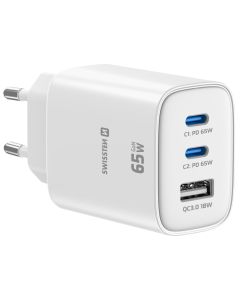 Swissten Síťový Adaptér Edge GaN 2x USB-C PD 65W + 1x USB-A 18W QC Bílý