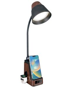 IMMAX LED stolní lampička IDEAL/ Qi nabíjení/ CCT/ 8W/ 800lm/ budík s hodinami/ tmavé dřevo/černá