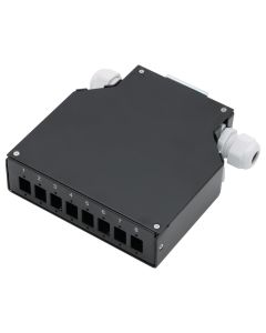 XtendLan mini rozvadeč na DIN lištu, 8x SC Simplex, 4 vstupní otvory, krytka, černý