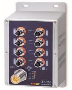 Planet vodotěsný průmyslový PoE switch, 8xFE M12, 8x PoE 802.3at 30W/180W, -40~+75°C, 12-56VDC, IP67