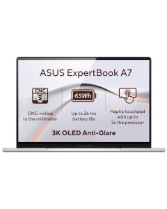 ASUS ExpertBook A7/ Core 7 350/ 16GB DDR5/ 512GB SSD/ Intel Graphics/ 14"WQXGA+, OLED/ W11P/ stříbrný/ 3y onsite NBD
