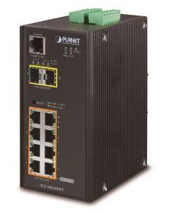 Planet IGS-10020HPT průmyslový L2 switch, 8x1Gb, 2x2.5Gb SFP, PoE 802.3at 240W, 12-48VDC, -40~75°C, 1xRJ45-to-RS232,IP30