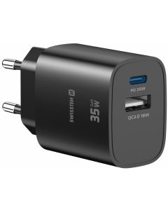 Swissten Síťový Adaptér Edge GaN 1x USB-C PD 35W + 1x USB-A 18W QC Černý