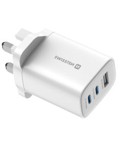 Swissten Síťový Adaptér Edge GaN 2x USB-C PD 65W + 1x USB-A 18W QC, Pro UK Zásuvku Bílý