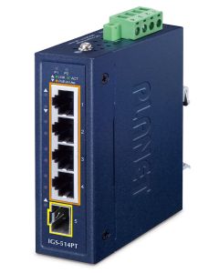 Planet IGS-514PT kompaktní průmyslový L2/L4 switch, 4x1Gb, 1x1G SFP, 4x1Gb PoE+ 802.3at 120W, -40~75°C, IP30, fanless