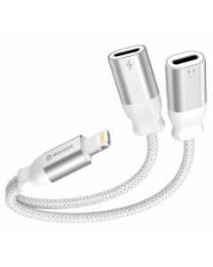 Swissten nabíjecí audio adaptértextile lightning (samec) / 2x lightning (samice) 0,12 m bílý