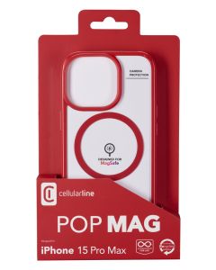 Zadní kryt Cellularline Pop Mag s podporou Magsafe pro Apple iPhone 15 Pro Max, čirý / červený