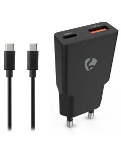 NEDIS síťová nabíječka/ 30 W/ PD 3.0/ rychlé nabíjení/ 1.5 / 2.0 / 2.22 / 3.0 A/ USB-A/ USB-C/ černá/ kabel 1,5m