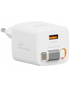 Swissten Síťový Adaptér Slidecharge GaN 30W, 1x USB-A 18W Se Zatahovacím USB-C Kabelem 0,75m Bílý