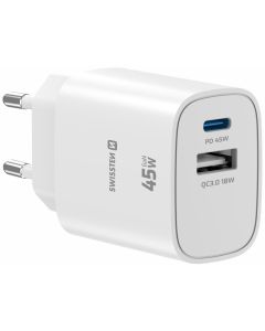 Swissten Síťový Adaptér Edge GaN 1x USB-C PD 45W + 1x USB-A 18W QC Bílý