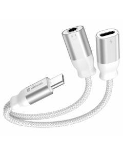 Swissten nabíjecí audio adaptértextile usb-c (samec) / usb-c (samice) a 3,5mm aux 0,12 m bílý