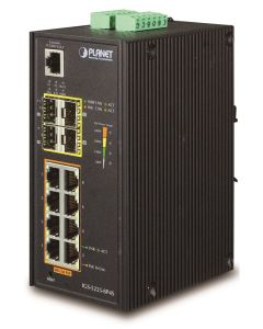 Planet IGS-5225-8P4S průmyslový L3 switch, 8x1Gb, 4x1Gb SFP, 8x PoE 802.3at 240W, dual 48-54VDC, -40~75°C, IP30