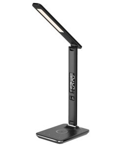 IMMAX LED stolní lampička Kingfisher/ Qi nabíjení/ 8,5W/ 400lm/ 12V/2,5A/ 3 barvy světla/ sklápěcí rameno/ černá