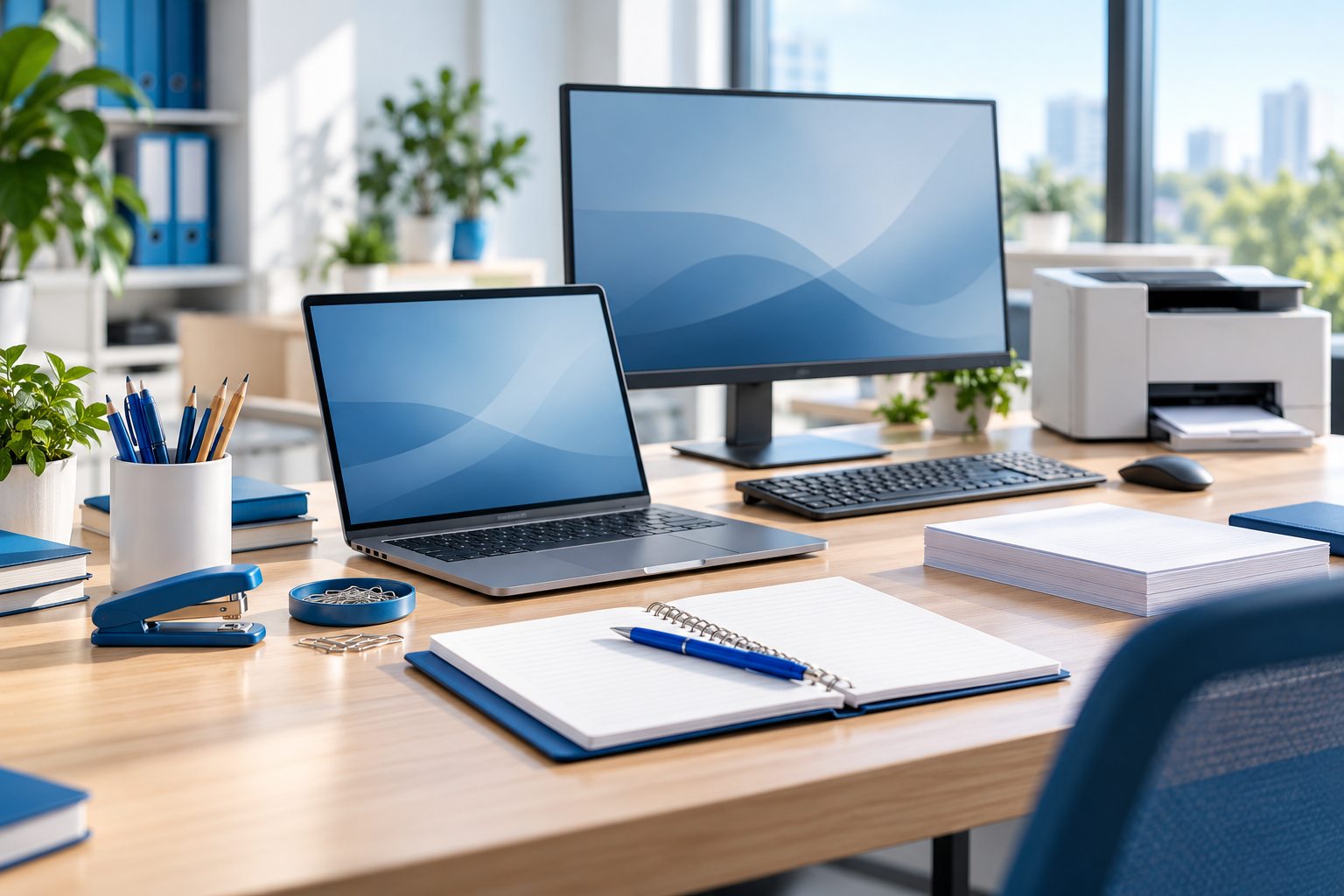 Vybavená kancelář s psacími potřebami, notebookem, monitorem a tiskárnou