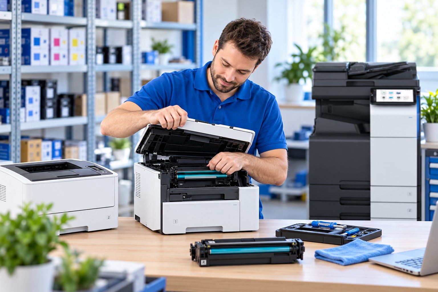 Technik servisuje tiskárnu v dílně, v pozadí kopírka a spotřební materiál